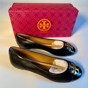 Tory Burch Black and Gold Flats with Signature Medallion